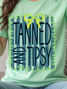 Gildan Mint Green 'Tanned and Tipsy' Graphic Tee with Navy & Lime Print